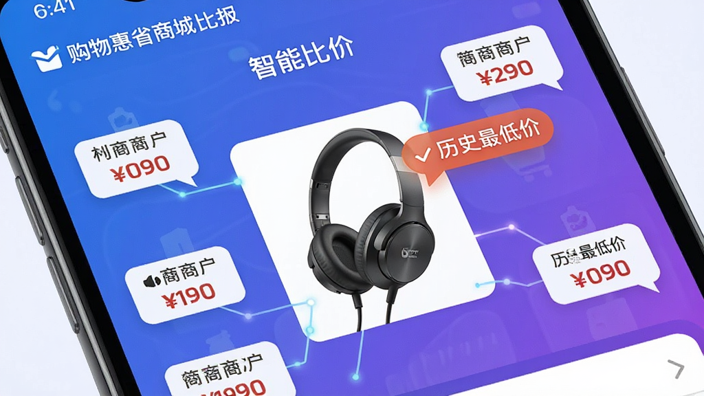 一个直观的比价功能界面特写,主体为“购物惠省商城”应用内“智能比价”页面,中心展示一款耳机商品,周围用线条连接着几个不同商家的价格标签和“历史最低价”提示气泡。布局简洁,排版直观,风格为科技感的数据可视化,蓝紫色渐变背景,画质清晰,无多余元素