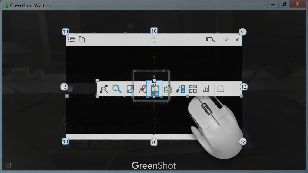 主体:GreenShot软件操作演示,鼠标正在拖拽选择截图区域。布局:屏幕中央显示高亮选区,周围变暗。排版:截图选区内显示工具栏图标。风格:真实屏幕录制风格。细节:选区边缘有尺寸数字显示,底部有“GreenShot”水印。画质:清晰,干净,无多余元素。