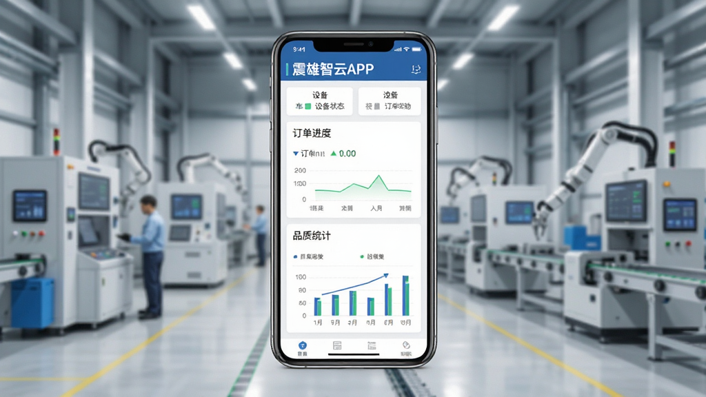 震雄智云APP主界面展示,手机屏幕中显示车间生产看板,包含设备状态、订单进度、品质统计等模块,界面简洁清晰,背景为现代化智能工厂车间,工业风格,布局合理,排版整齐,细节丰富,画质高清,干净无多余元素。
