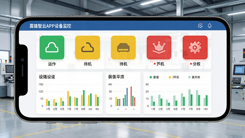 震雄智云APP设备监控页面,手机屏幕显示多台注塑机的运行状态图标,绿色表示运行中,黄色表示待机,红色表示报警,数据图表清晰,背景为现代化车间一角,工业科技风格,布局合理,排版整齐,细节丰富,画质高清,干净无多余元素。