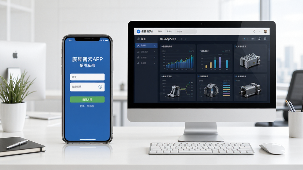 震雄智云APP使用指南图示,手机和电脑并排展示,屏幕中显示登录界面和设备监控画面,背景为办公桌面,简洁明亮,布局合理,排版清晰,细节丰富,画质高清,干净无多余元素。