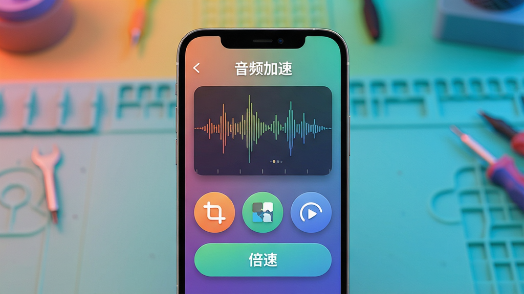 主体:智能手机屏幕展示“音频加速”软件主界面,界面包含波形图与多个功能按钮;布局:手机居中,屏幕朝前,界面清晰可见,背景为渐变色工作台;排版:手机与背景比例协调,留白适中,整体稳重;风格:现代扁平化设计,色彩明快,带有科技感;细节:屏幕中显示“音频加速”字样及裁剪、拼接、倍速图标,按钮圆润,光影细腻;画质:8K超清,干净,无多余元素