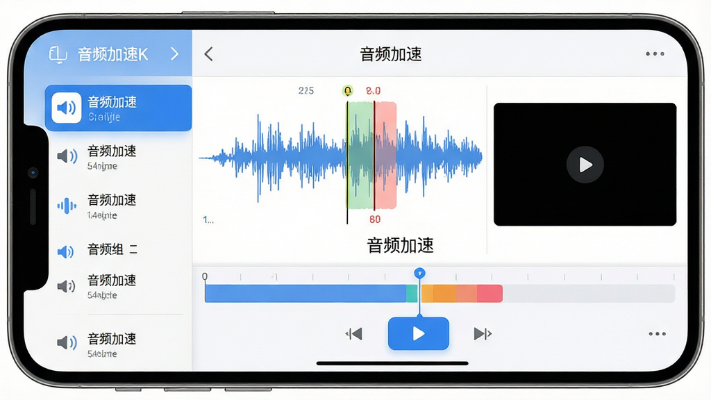 主体:手机界面展示“音频加速”的音频分割与拼接操作界面,上方为波形图,下方为时间轴与剪辑按钮;布局:界面信息层次分明,左侧为片段列表,右侧为预览窗口;排版:干净整洁,图标与文字说明清晰;风格:简约商务风,蓝白配色;细节:波形图上有分割线标记,拼接区域用不同颜色高亮,屏幕中显示“音频加速”字样;画质:超清,干净,无多余元素