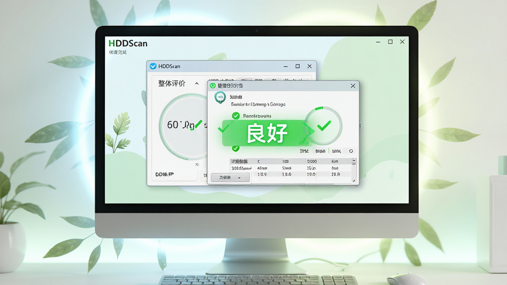 主体:电脑上运行HDDScan,屏幕显示扫描完成,弹出健康报告窗口。布局:电脑屏幕居中,周围有柔和的光效。排版:报告窗口简洁,包含整体评价和详细数据。风格:清新自然风,浅色背景。细节:报告中有“良好”字样,用绿色突出。画质:高清,干净,无多余元素。