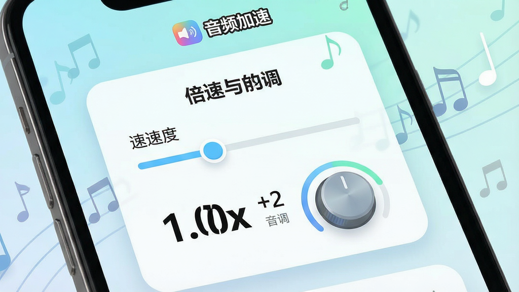 主体:手机屏幕展示“音频加速”软件的倍速与变调设置面板,包含速度滑块与音调旋钮;布局:面板居中,参数数值醒目,背景有音符元素点缀;排版:简洁直观,功能分区明确;风格:清新浅色系,圆角卡片设计;细节:速度数值显示为1.0x,音调显示为+2,界面中突出“音频加速”品牌标识;画质:高清,干净,无多余元素