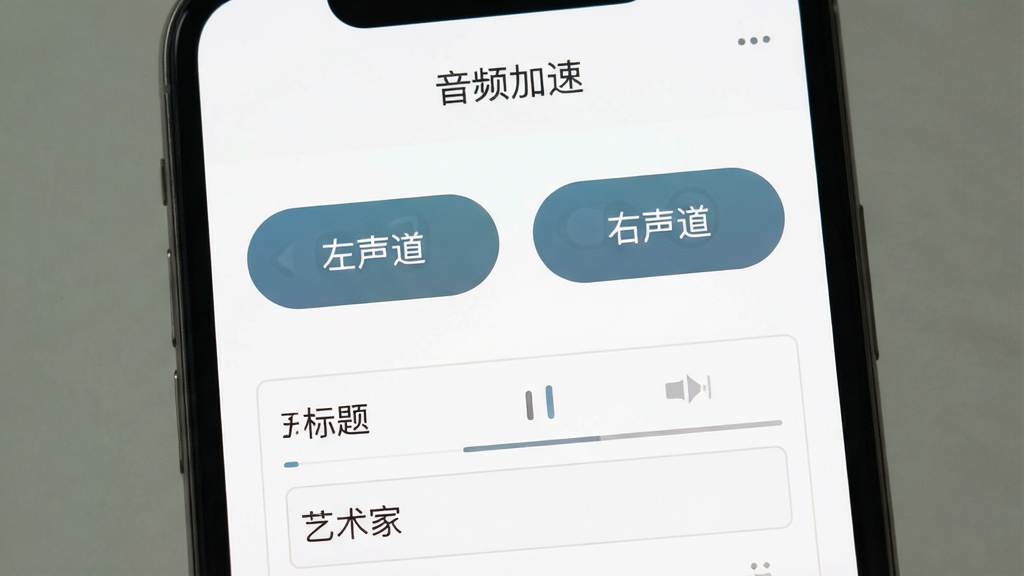 主体:手机界面展示“音频加速”的声道分离选项与音频信息编辑表单;布局:上下结构,上方为左右声道切换按钮,下方为信息输入框;排版:表单简洁,按钮醒目;风格:素雅极简,白底灰字;细节:声道切换按钮分别标注“左声道”“右声道”,信息框内显示可编辑的标题与艺术家字段,界面顶部有“音频加速”文字;画质:干净,无多余元素