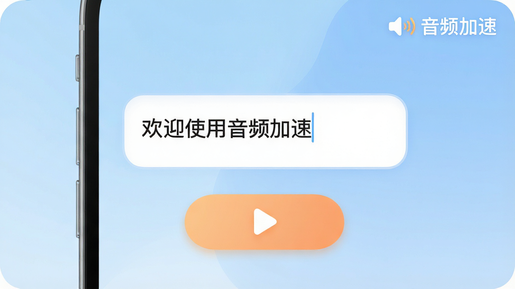 主体:手机界面展示“音频加速”的文字转语音功能,输入框内有一段中文文本,下方有语音合成按钮;布局:输入框居中,按钮置于下方,背景为淡蓝色渐变;排版:简洁友好,文字清晰;风格:柔和圆角,温馨色调;细节:输入框内文本为“欢迎使用音频加速”,语音合成按钮带有播放图标,界面右上角有“音频加速”标识;画质:干净,无多余元素