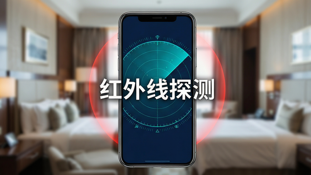 主体为一部智能手机屏幕显示雷达扫描界面,背景是模糊的酒店房间环境,手机屏幕中央有醒目的“红外线探测”文字标识,界面以深蓝色和青色为主色调,突出科技感,布局为手机居中,周围环绕着微弱的红色扫描光晕,风格写实,细节丰富,画质清晰,干净无多余元素
