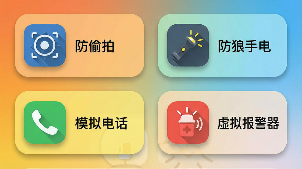 手机界面展示功能网格,包含“防偷拍”、“防狼手电”、“模拟电话”、“虚拟报警器”四个图标,背景为渐变色,布局为功能列表,风格简洁扁平化,细节有图标阴影与圆角,色彩明亮,画质清晰,干净无多余元素