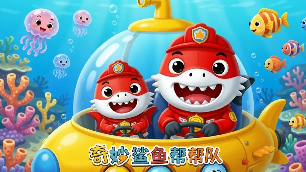 画面主体为卡通风格的海底世界,前景是身穿红色救援制服的鲨鱼爸爸和鲨鱼宝宝,它们正驾驶着黄色潜水艇,背景有珊瑚礁、水母和鱼群,画面明亮清新,采用宝宝巴士一贯的圆润可爱画风,色彩鲜艳柔和,细节丰富,画质干净清晰,无多余元素,图片中打上“奇妙鲨鱼帮帮队”字样