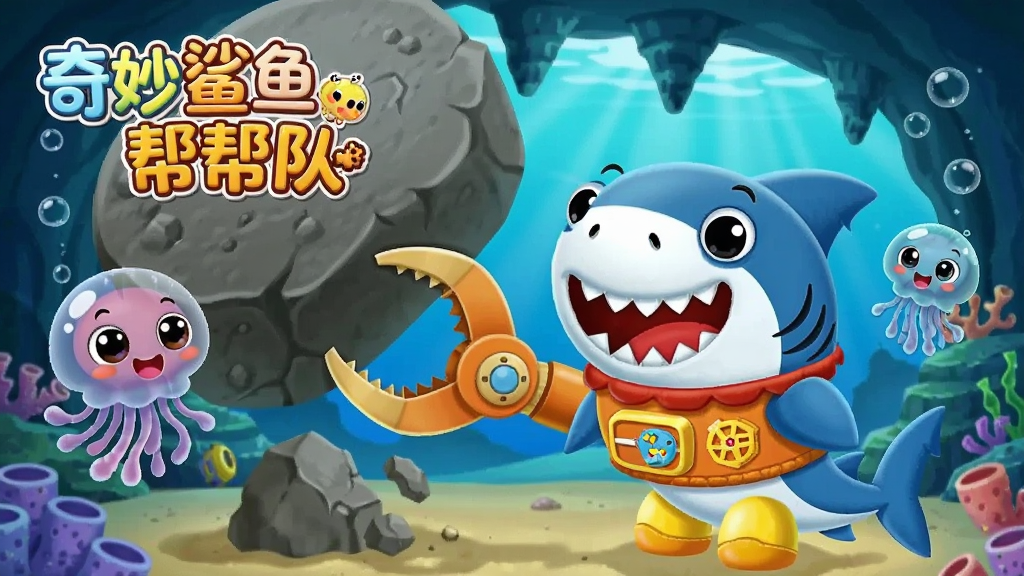 画面主体为卡通海底救援场景,奇妙鲨鱼帮帮队中的鲨鱼爸爸正在用机械爪搬开巨石,旁边是可爱的水母宝宝,构图以洞窟为背景,色彩明亮,采用宝宝巴士风格,角色表情生动,细节丰富,画质干净清晰,图片中打上“奇妙鲨鱼帮帮队”字样