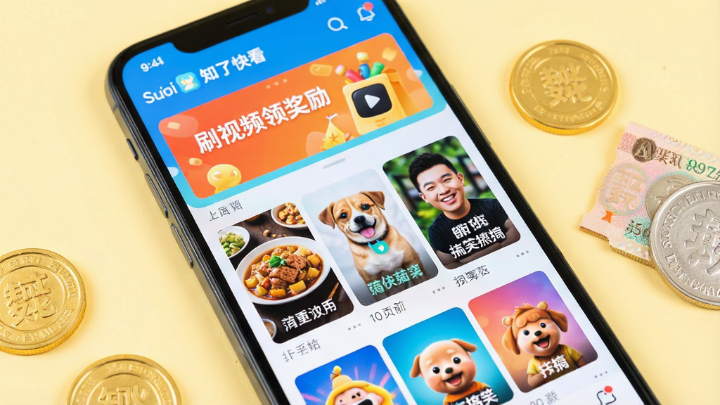 一张智能手机屏幕特写,屏幕中显示“知了快看”APP的首页界面,顶部有“刷视频领奖励”的横幅,下方排列着美食、萌宠、搞笑等视频封面缩略图,界面色彩明亮活泼,整体布局清晰,手机旁边散落着几枚金币和一元硬币,背景为柔和的浅黄色,画质细腻,干净无多余元素,突出“看视频攒零花”的主题。