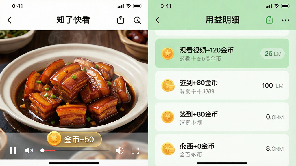 一张分屏对比图,左侧是“知了快看”APP的视频播放页面,视频内容为一盘诱人的红烧肉,画面下方显示“金币+50”的浮动图标;右侧是用户收益明细列表,显示“观看视频+120金币”“签到+80金币”等条目,背景为淡绿色,风格简约现代,细节丰富,画质高清,干净无多余元素。