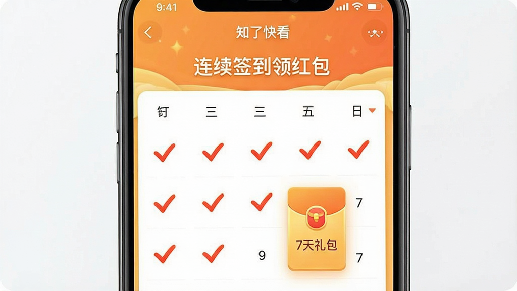 一张手机截图风格的图片,展示“知了快看”APP的签到日历页面,日历上连续7天标记红色对勾,第7天位置有一个较大的金色红包图标,红包上写着“7天礼包”,页面顶部标语为“连续签到领红包”,背景为暖橙色,布局简洁,画质清晰,无多余元素。