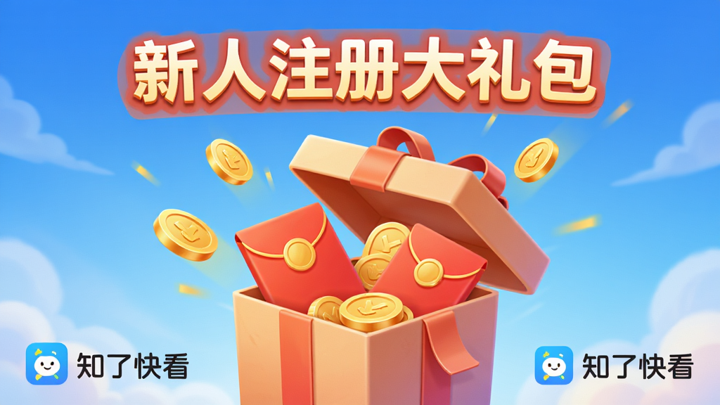 一张欢迎界面预览图,画面中央是一个打开的礼物盒,盒内飞出金币和红包,背景为渐变的蓝色天空,上方有“新人注册大礼包”字样,盒子旁边有“知了快看”的logo,整体风格喜庆活泼,画质高清,干净无多余元素。