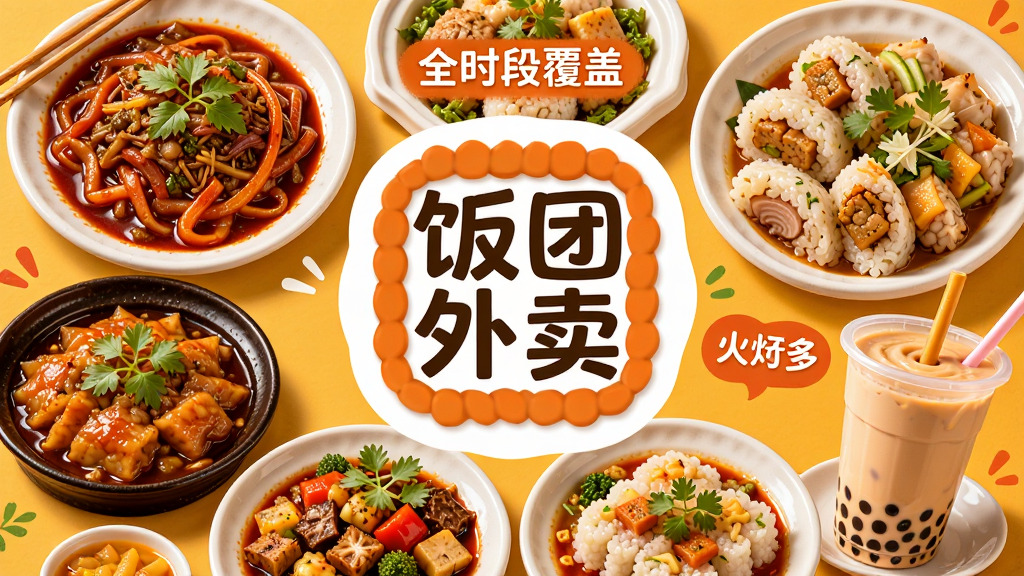 美食合集图:一张汇聚各地特色美食的平面海报,主体是“饭团外卖”品牌logo置于中央。布局以圆形餐盘环绕,展示了川菜、粤菜、火锅、烧烤、奶茶等代表性食物。风格活泼鲜艳,食物细节丰富诱人,突出“全时段覆盖”和“餐厅多”的特点。画质精良,干净明亮,无多余元素。