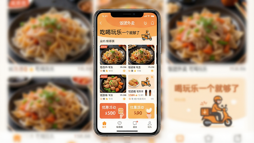 主视觉图:一幅精美的手机界面展示图,主体是“饭团外卖”APP的首页,背景虚化处理,突出显示各种美食图片和外卖骑手图标。布局采用居中构图,界面清晰展示餐厅列表、优惠活动入口。风格现代简约,色彩明亮温暖,细节展现APP的流畅操作界面和丰富功能。画质高清,干净无多余元素,文字内容为“饭团外卖 吃喝玩乐一个就够了”。