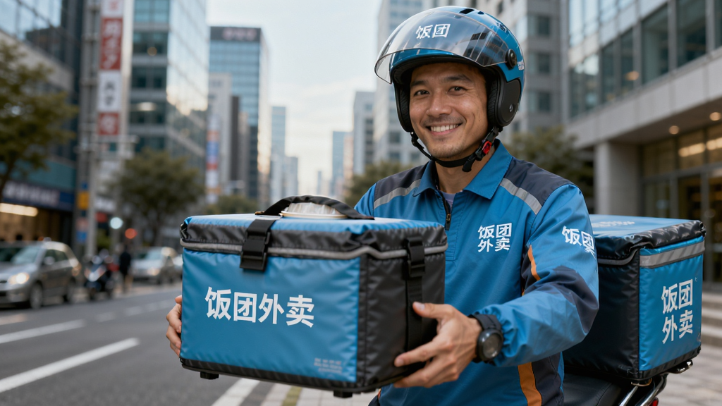 配送服务图:一位穿着“饭团外卖”工作服的骑手,正拿着保温箱微笑递送餐品。背景是模糊的城市街道和写字楼。布局以骑手为主体,突出专业和速度感。风格写实温暖,细节包括骑手的装备和保温箱。画质清晰,色彩自然,无多余元素。