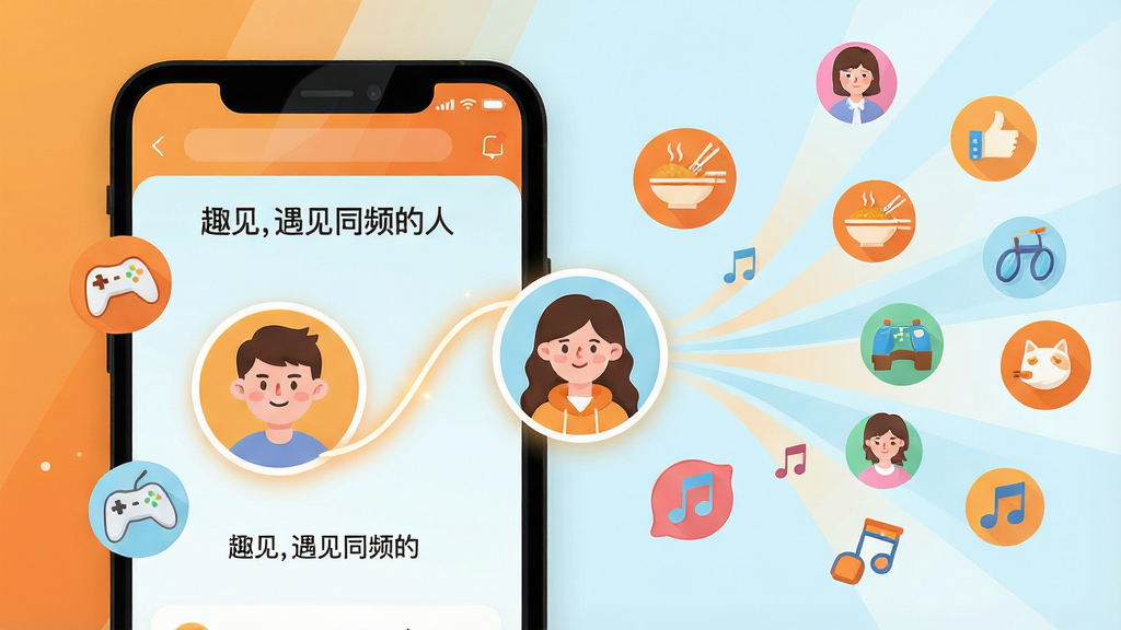 一张展示趣见社交平台核心场景的横版概念图,画面中心是手机屏幕放大效果,屏幕内显示兴趣匹配界面,两个卡通头像通过一条发光曲线连接,周围漂浮着游戏、美食、旅行、音乐等兴趣图标。布局采用左右对称,左侧是手机,右侧是发散的兴趣图标。整体风格扁平化、色彩明快、以暖橙色和淡蓝色为主色调,画质高清,干净无多余元素。屏幕内文字标注“趣见,遇见同频的人”。