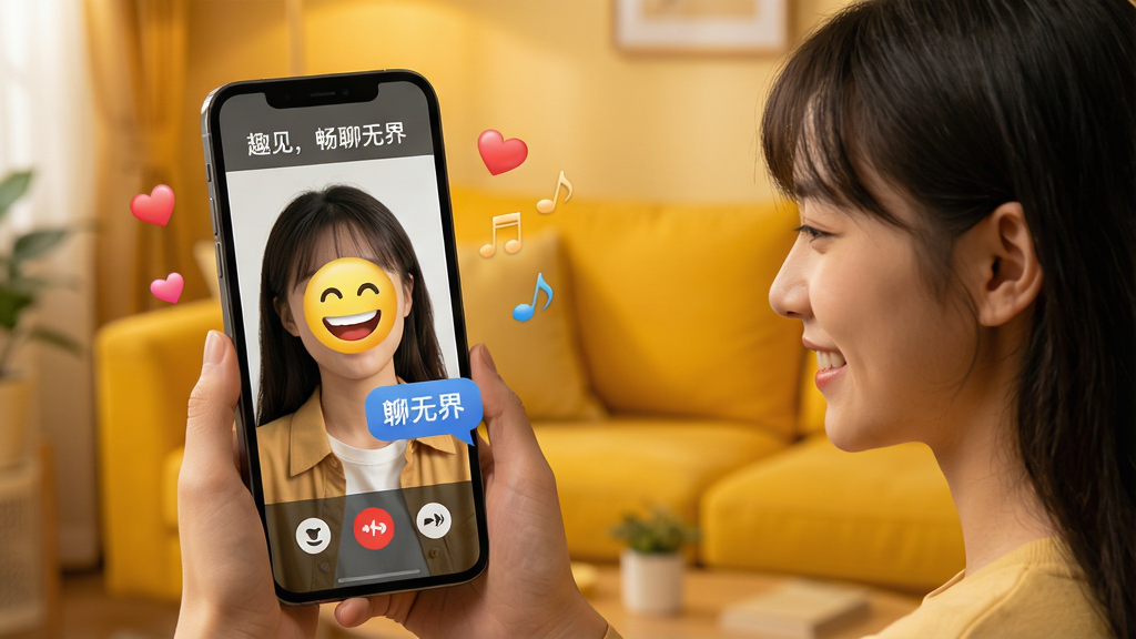 一张展示趣见实时畅聊功能的场景图,画面中两个年轻人正在通过手机视频通话,屏幕上显示笑脸和对话气泡,周围有爱心和音符符号。背景是暖黄色的客厅,整体风格温馨写实,画质高清,干净无多余元素。手机屏幕内文字标注“趣见,畅聊无界”。