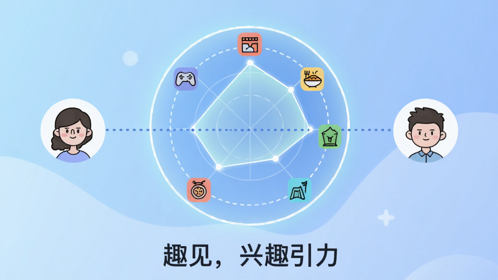 一张展示趣见兴趣匹配功能的插画,画面中央是一个发光的雷达圆环,圆环上有多个兴趣图标(游戏、电影、美食、旅行),两个卡通人物头像在圆环两端被一条虚线连接。背景是柔和的渐变蓝色,整体风格清新简约,画质干净,无多余元素。画面下方文字标注“趣见,兴趣引力”。
