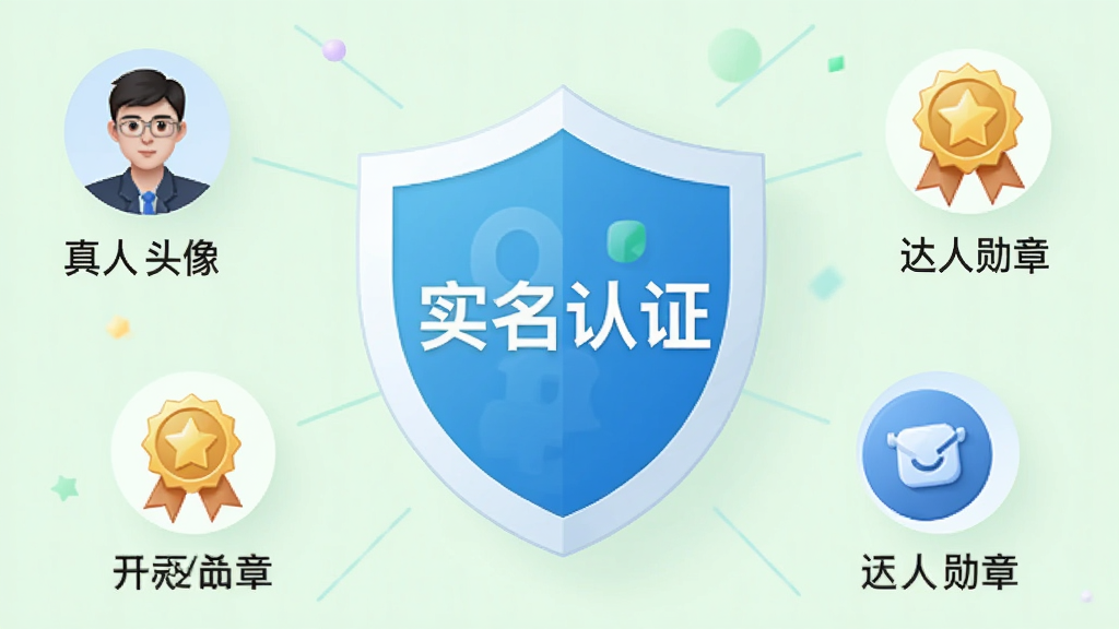 一张展示趣见安全认证功能的示意图,画面中央是一个盾牌图标,盾牌上有“实名认证”字样,周围环绕着“真人头像”、“达人勋章”等小图标,背景是淡绿色,整体风格简洁现代,画质干净,无多余元素。