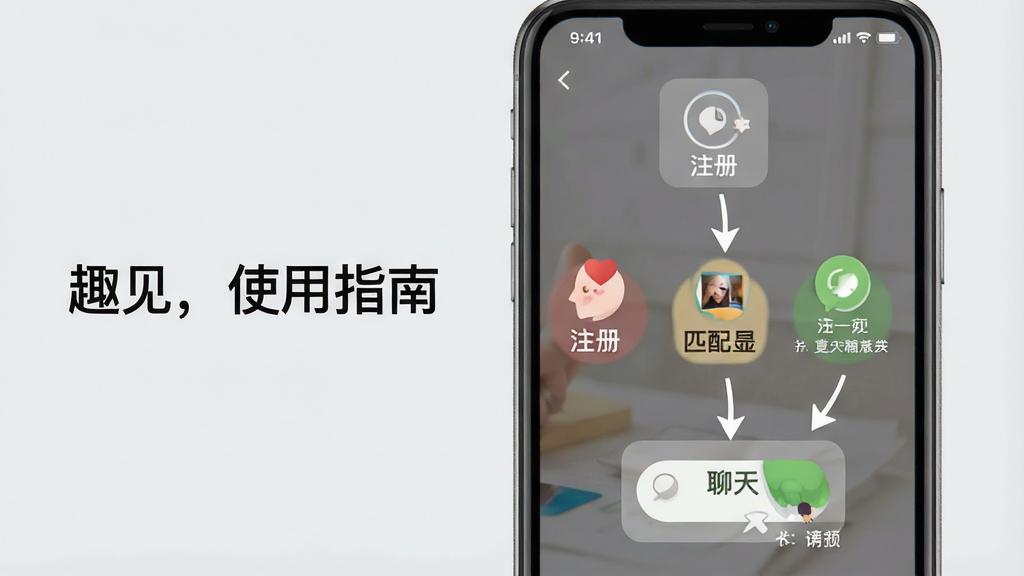 一张趣见使用教程的示意图,画面中央是手机截图风格,显示注册、匹配、聊天三个步骤,用箭头连接。背景是浅灰色,整体风格简洁明了,画质干净,无多余元素。图片左侧有文字标注“趣见,使用指南”。