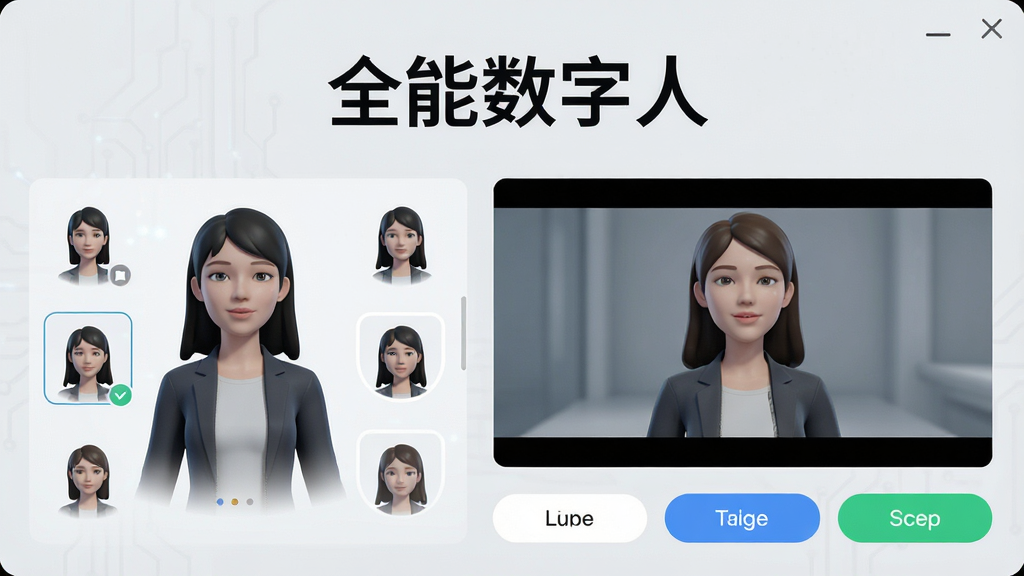 一张展示全能数字人App主界面的高清截图,界面包含数字人模特选择区、视频预览窗口和功能按钮,布局简洁现代,背景为浅灰色,突出软件名称“全能数字人”,整体风格科技感强,画质清晰,无多余元素