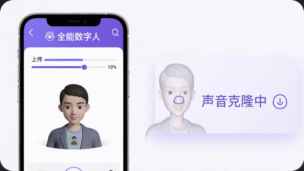 演示全能数字人人像复刻过程,手机屏幕中显示上传视频的进度条和数字人建模过程,旁边有“声音克隆中”的提示,整体色调为白色与紫色搭配,包含软件名称“全能数字人”,画质清晰,干净无杂物
