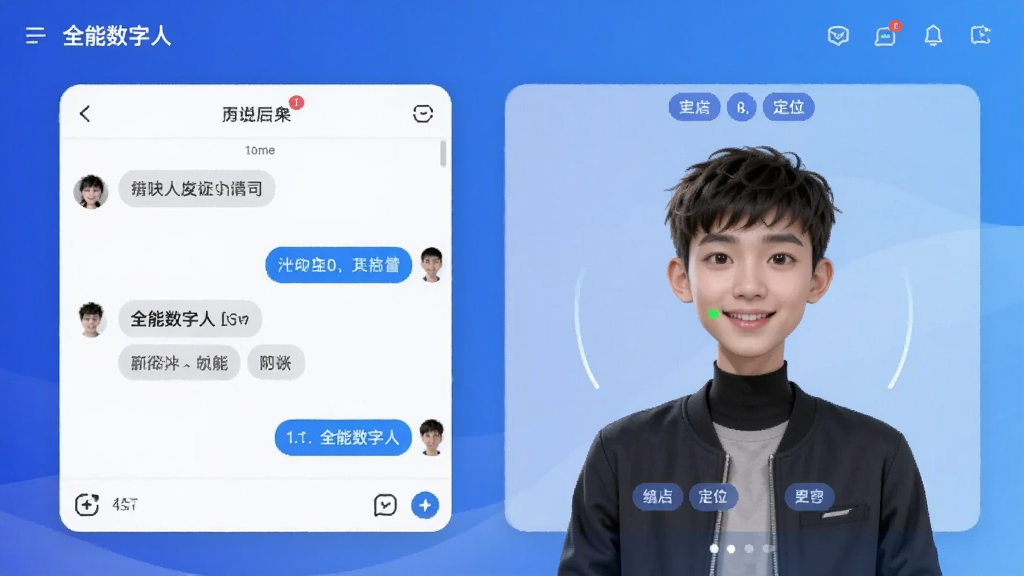 展示全能数字人IP人设定制功能的界面,左侧为对话聊天窗口,右侧显示生成的人物形象与定位标签,背景为蓝色渐变,界面干净,包含文字“全能数字人”,画质细腻,风格现代
