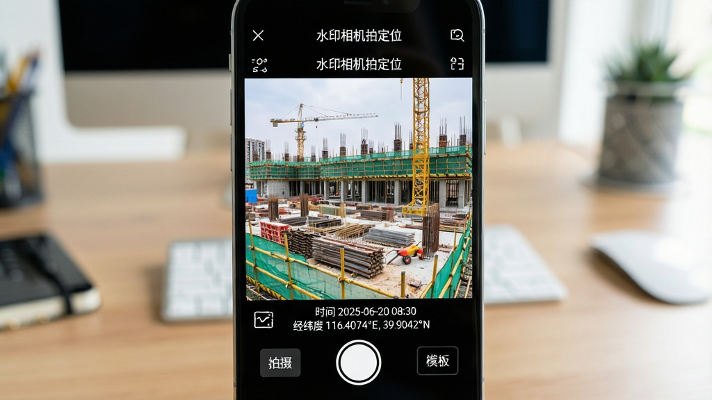 ���壺һ�������ֻ���Ļ��д����Ļ��չʾ��ˮӡ����Ķ�λ��APP��������棬����������һ�����������ֳ����ײ�������ʾ��ʱ�� 2025-06-20 08:30��������γ�� 116.4074��E, 39.9042��N����ˮӡ���֣����֣��ֻ����У�����Ϊ�黯�İ칫���棬ͻ����Ļ���ݣ��Ű棺�ֻ�����չʾ������Ԫ�����룬ˮӡ������Ŀ�����дʵ�����񣬹���������ϸ�ڣ�ˮӡ�������������水ť��ȷ��ע�����㡱����ƴͼ������ģ�塱�����������ʣ�4K���壬�ɾ����޶���Ԫ�ء�