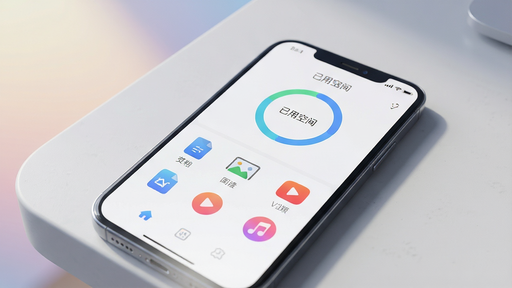 一张智能手机屏幕特写,屏幕中显示“移动网盘存储”APP的主界面,界面风格清爽简洁,顶部显示“已用空间”的环形进度图表,下方整齐排列着文档、图片、视频、音频等分类图标。手机半倾斜放置在浅灰色桌面上,背景是柔和的渐变光影,构图以手机为中心,突出屏幕内容,采用专业产品摄影风格,画面干净,细节清晰,高画质,无多余元素。