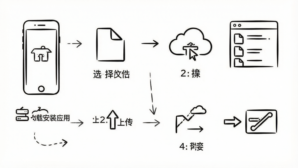 一张分步操作示意图,采用简洁的线稿风格,画面分为四个步骤:第一步手机下载安装应用,第二步选择文件点击上传,第三步在云端看到文件列表,第四步点击分享生成链接。每个步骤配以简单的图标和文字说明,背景为纯白色,排版清晰,画质干净,无多余元素。