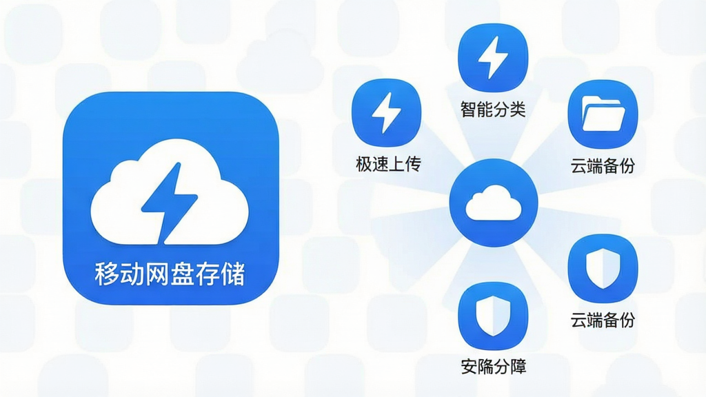 一个扁平化风格的应用功能展示图,画面左侧是“移动网盘存储”APP的图标,右侧以放射状布局展示其核心功能图标,包括闪电符号代表极速上传、文件夹符号代表智能分类、云朵符号代表云端备份、盾牌符号代表安全保障。整体配色以蓝色和白色为主,背景干净,排版整齐,科技感强,画质清晰,无多余元素。