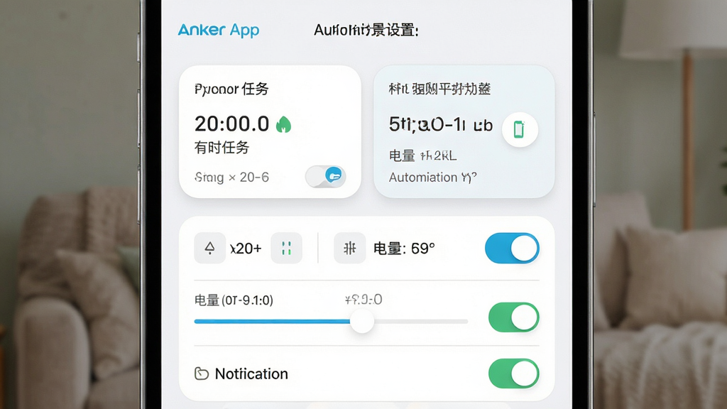 ���壺Anker App�����ܳ������ý��棬������ʱ������Զ������򡣲��֣��Ϸ�Ϊ������Ƭ���·�Ϊ��������ѡ��Ű棺��������ʽ�����ذ�ť���������ǳɫ������Բ����ƣ�����Ӿ���ϸ�ڣ�ʱ��ѡ������������ֵ���顢֪ͨ���ء����ʣ�����UI��Ⱦ�������������޶���Ԫ��