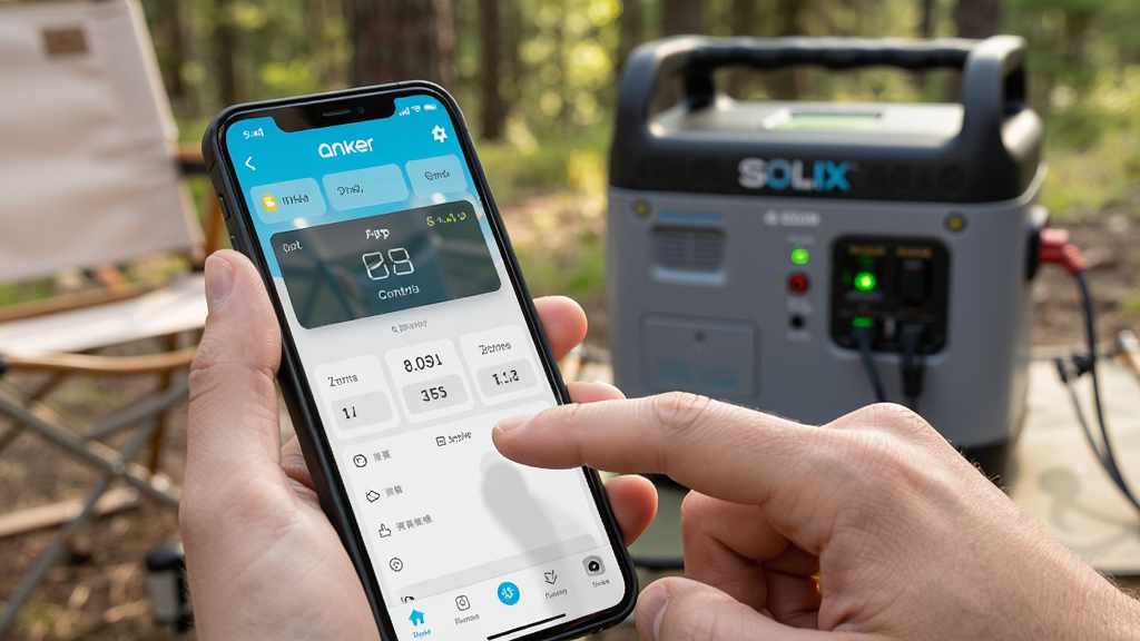 ���壺Anker Appʹ�ó���չʾ���û��ֳ��ֻ����ƻ����Դ�豸�����֣�ǰ��Ϊ�ֻ�App���棬����ΪSOLIX�����Դ�豸���Ű棺�Ӿ����㼯����App�������档��񣺻��ⳡ������Ȼ��������дʵ���ϸ�ڣ���ָ�����Ļ��������Դ�豸ָʾ�����𡣻��ʣ��������ȣ�����ɾ����޶���Ԫ��