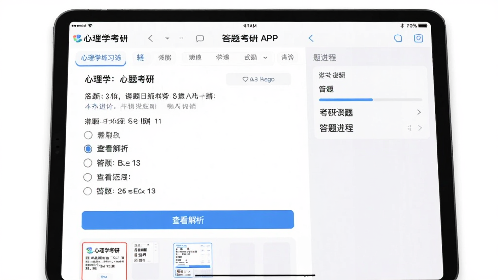 展示心理学考研APP内真题练习页面的截图,主体是平板电脑,屏幕上显示一道选择题及四个选项,下方有“查看解析”按钮和答题卡缩略图,布局为左右分栏,左侧是题目区,右侧是答题进度,排版简洁,风格清爽,细节突出“心理学考研”品牌标识,画质高清、无多余元素