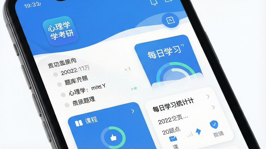 一张展示心理学考研APP主界面的高清截图,主体是智能手机屏幕,屏幕中显示“心理学考研”应用图标及首页的题库列表、课程入口和每日学习统计卡片,布局居中,采用扁平化设计风格,色彩以蓝色和白色为主,细节包含进度环和日期标记,画质清晰、干净无多余元素
