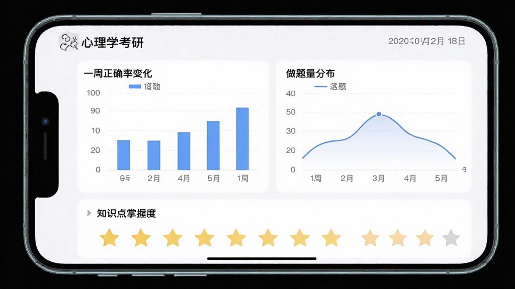展示心理学考研APP学习报告页面的截图,主体是手机竖屏显示,屏幕上展示柱状图与折线图,统计一周正确率变化和做题量分布,下方有知识点掌握度星级评价,布局为数据看板样式,排版简洁,风格为大数据分析,细节包含“心理学考研”logo和日期范围,画质清晰、无多余元素