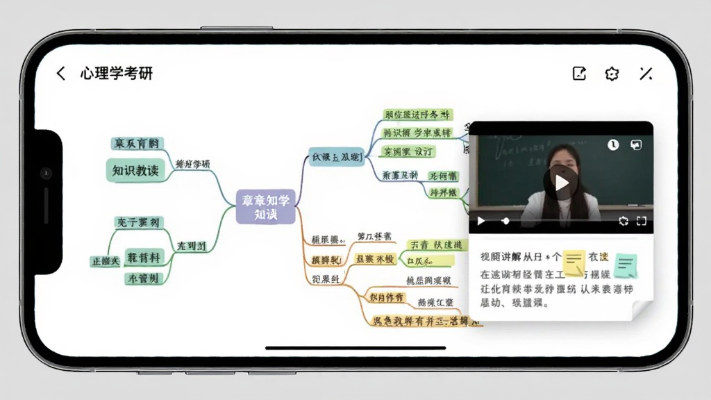 展示心理学考研APP中电子教材阅读界面的图片,主体是手机横屏显示,屏幕上呈现思维导图样式的章节知识点结构,右侧有视频讲解悬浮窗,背景为浅灰色,布局清晰,排版有序,风格为知识教育类,细节包含高亮标注和笔记图标,画质锐利、干净无多余元素