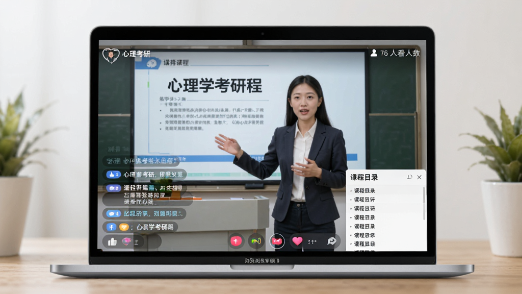 展示心理学考研APP直播课程界面的图片,主体是笔记本电脑屏幕,正在播放心理学考研课程,讲师在课件前讲解,屏幕下方有互动弹幕和课程目录列表,布局为全屏直播模式,排版专业,风格为在线教育,细节包含“心理学考研”水印和观看人数,画质流畅、无多余元素
