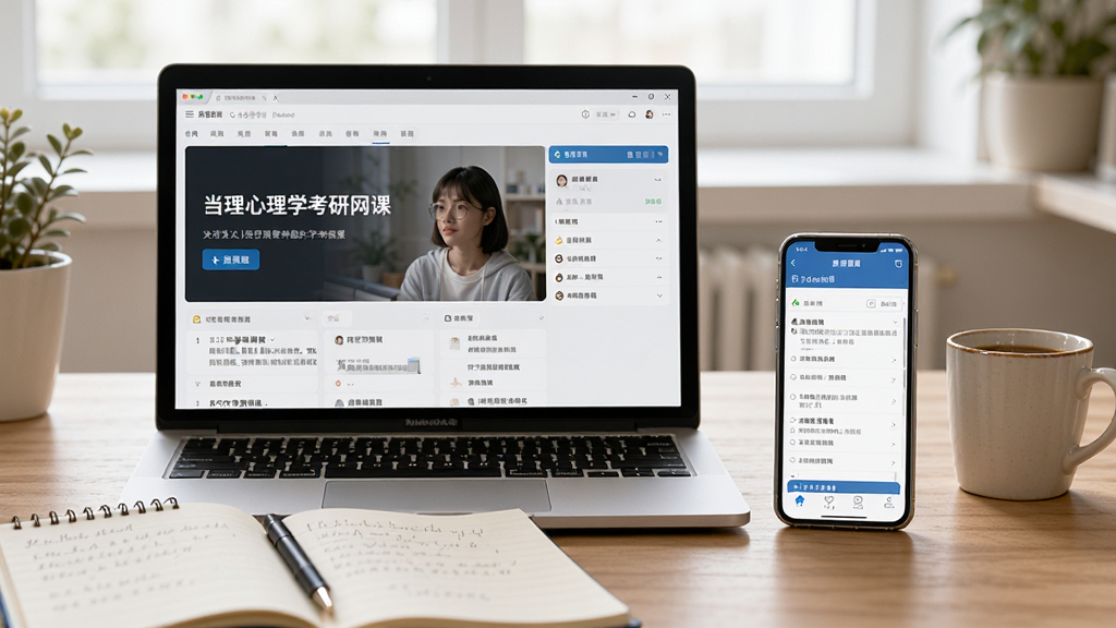 展示心理学考研APP在手机和电脑上同时使用的场景图,主体是一张书桌,左边放置一台笔记本电脑,屏幕显示心理学考研网课,右边放着一部手机,屏幕显示APP题库页面,布局为平视视角,排版自然,风格为学习场景,细节包含笔记和咖啡杯,画质柔和、干净无多余元素