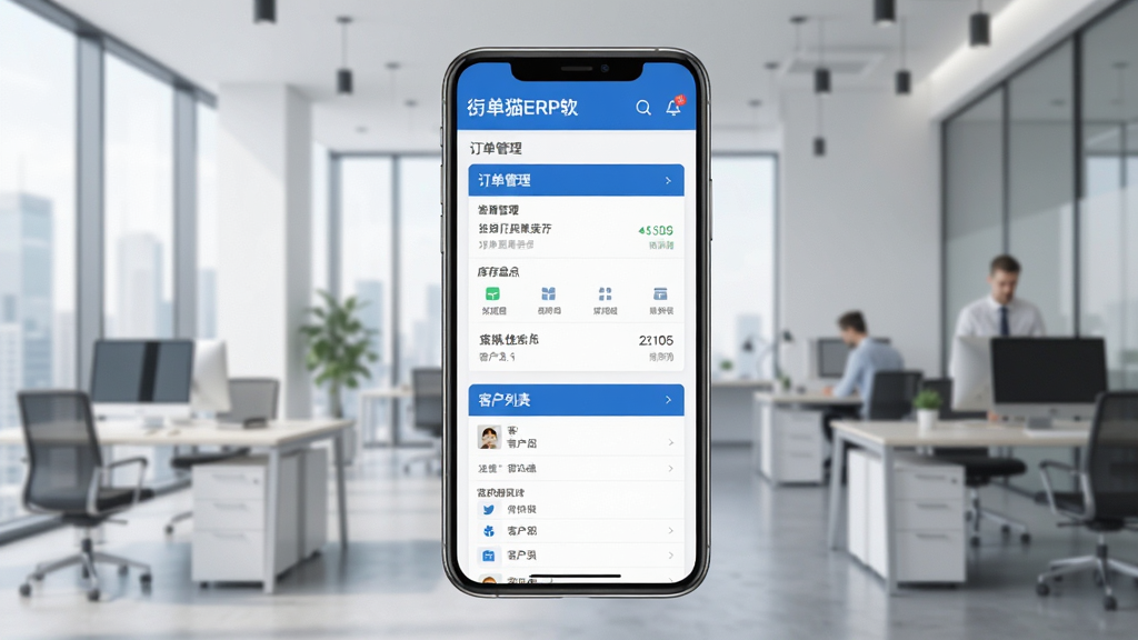 街猫ERP软件主界面展示,手机屏幕显示订单管理、库存盘点、客户列表等模块,背景为现代商务办公场景,界面设计简洁清爽,色彩以蓝白为主,布局清晰,画质高清,干净无多余元素
