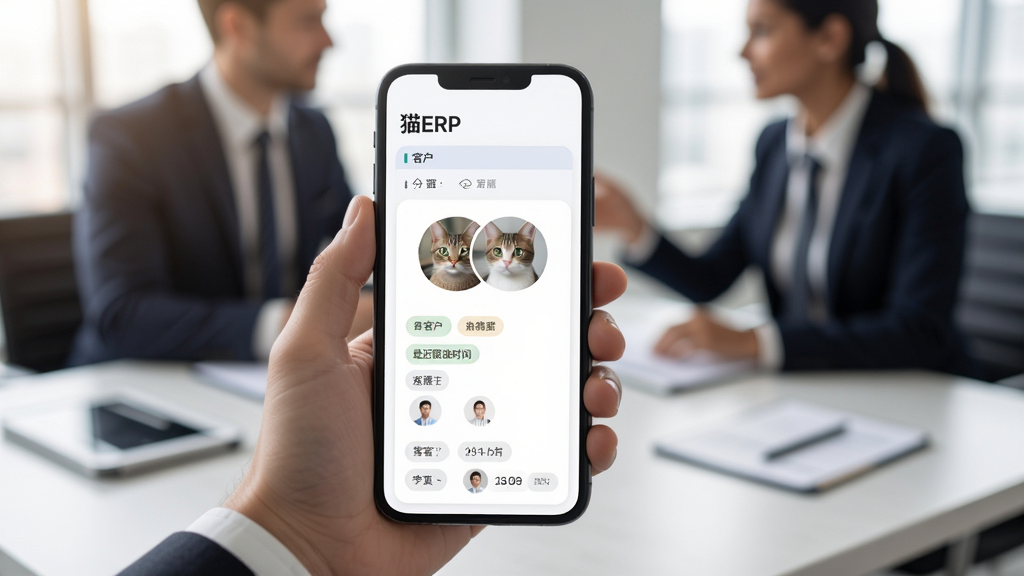 街猫ERP客户管理页面,显示客户头像、标签、最近跟进时间,手机握在手中,背景为商务洽谈场景,柔和光线,界面圆润,画质高清,无多余元素