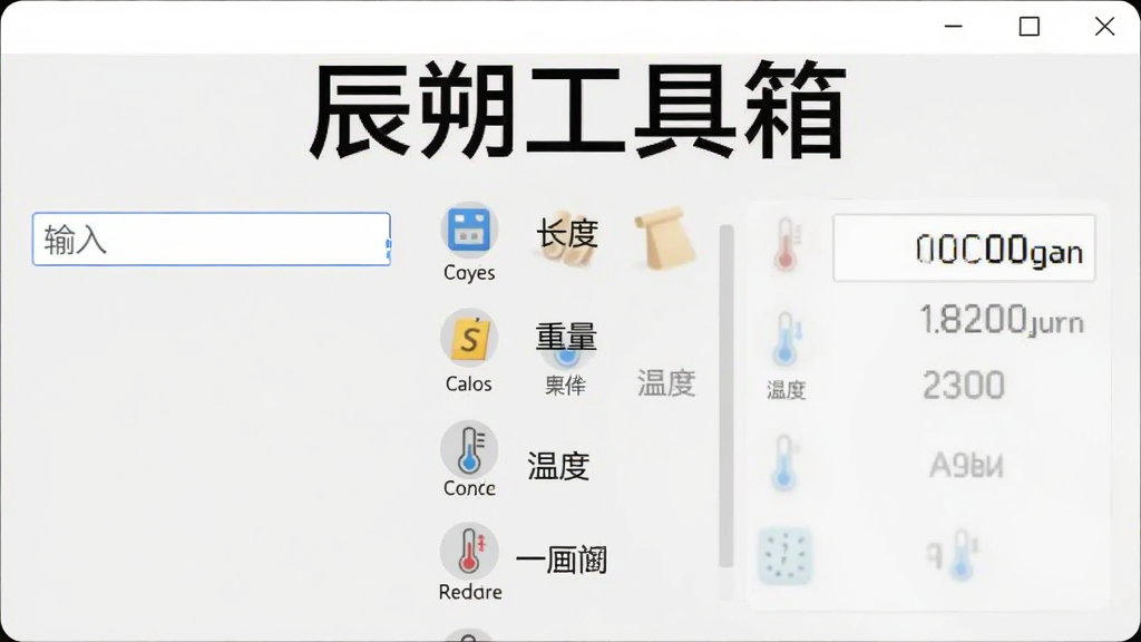 展示辰朔工具箱单位转换功能界面,左侧为输入框,右侧为结果展示区,中间列出长度、重量、温度等分类图标,背景为浅灰色,设计简洁明了,突出“辰朔工具箱”品牌名称,画质干净,无多余元素
