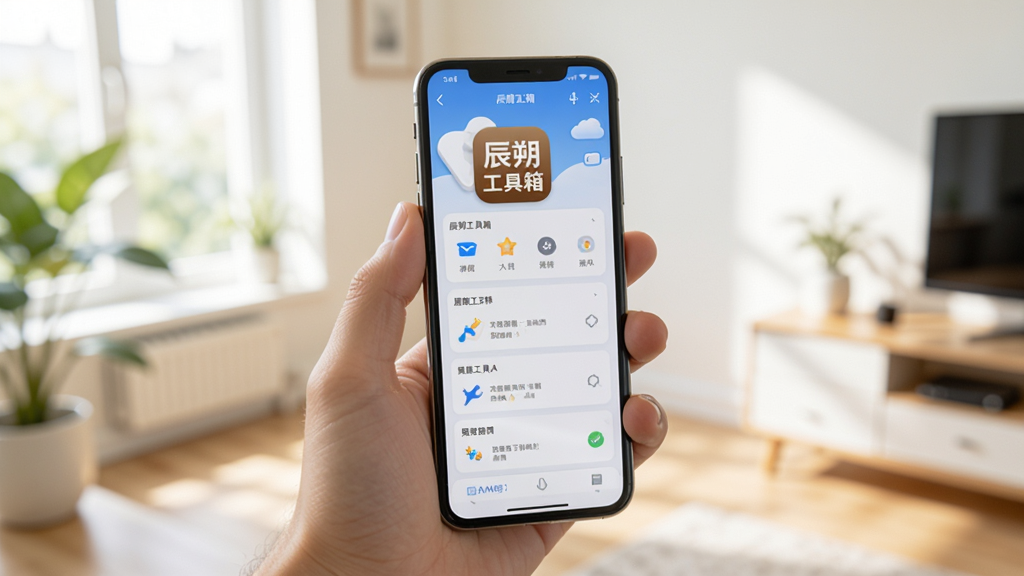 展示辰朔工具箱在手机上运行的使用场景,一只手拿着手机,屏幕上显示工具列表,背景为明亮的室内环境,整体风格自然真实,画质清晰,突出“辰朔工具箱”应用图标