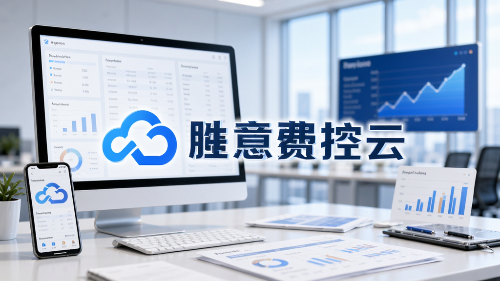 主视觉图,展示“胜意费控云”品牌标志,背景为现代企业办公场景,包含电脑、手机、财务报表、数据图表等元素,画面清晰明亮,配色以蓝色和白色为主,风格简洁科技感,干净无多余元素,画质高清。