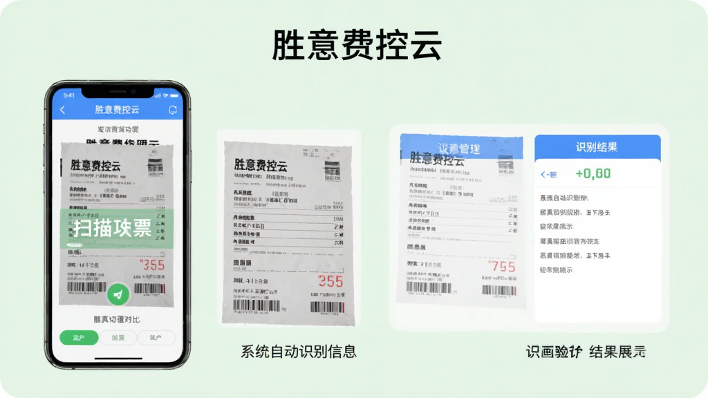 功能展示图,展示“胜意费控云”的发票管理功能,手机扫描发票、系统自动识别信息、验真结果展示,背景为浅绿色,界面简洁,包含发票样本和识别结果对比,画质干净,无多余元素。