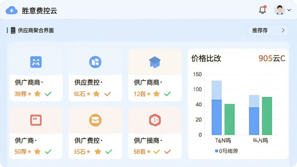 功能展示图,展示“胜意费控云”的供应商聚合界面,包含多个供应商卡片、价格比较图表、推荐标签,背景为浅蓝色,界面扁平化设计,图标清晰,文字可读性强,画质干净,无多余元素。