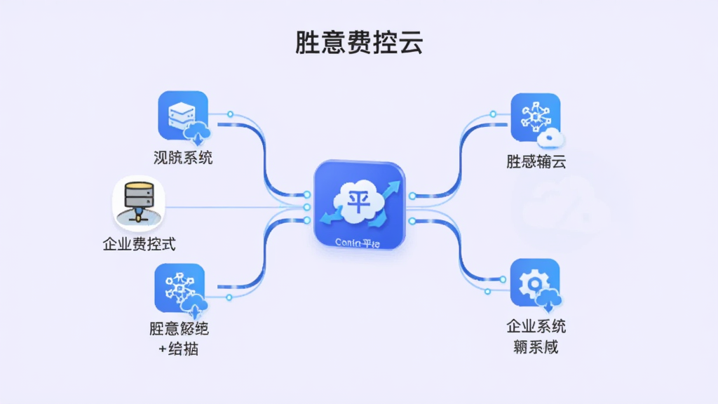 功能展示图,展示“胜意费控云”与企业内部系统对接的示意图,包含多个系统图标连接至中心平台,背景为浅紫色,线条流畅,图标清晰,画质干净,无多余元素。